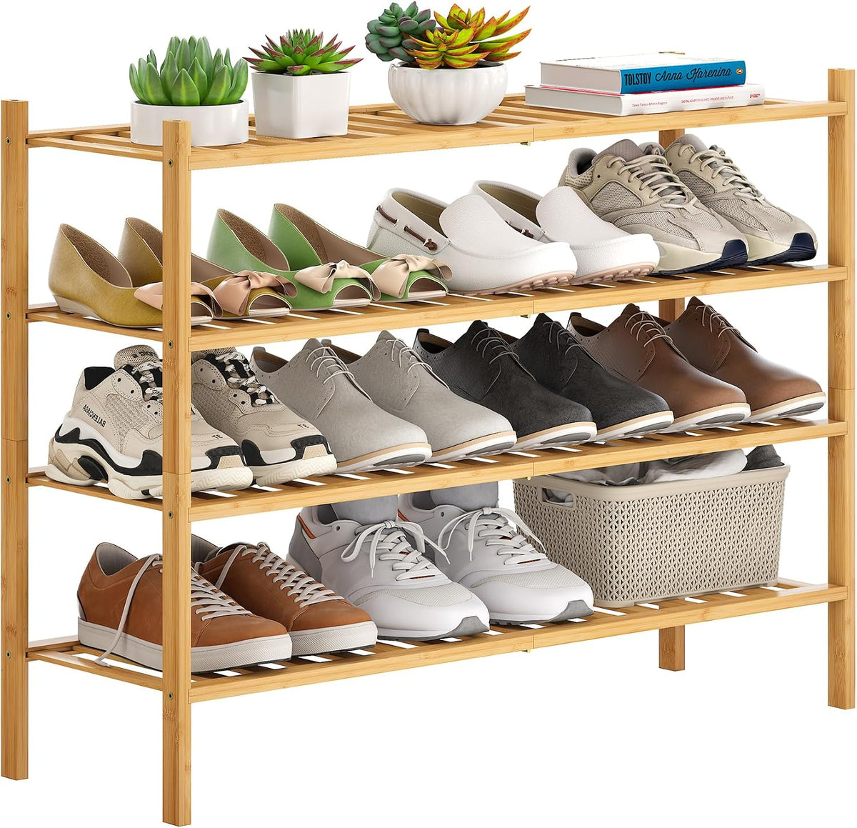 Bamboo Shoe Rack Stackable Shoe Shelf Storage Organizer for Unit Entryway Hallway and Closet Sturdy Freestanding Shoe Shelf (4L Tier Natural)