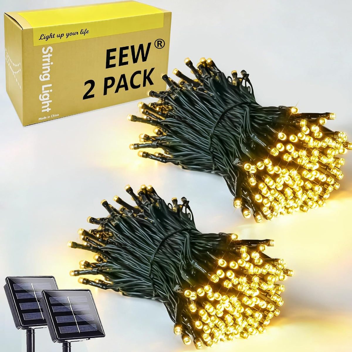 EEW 2 Pack Solar String Lights Outdoor 200 LED Christmas Lights Warm White