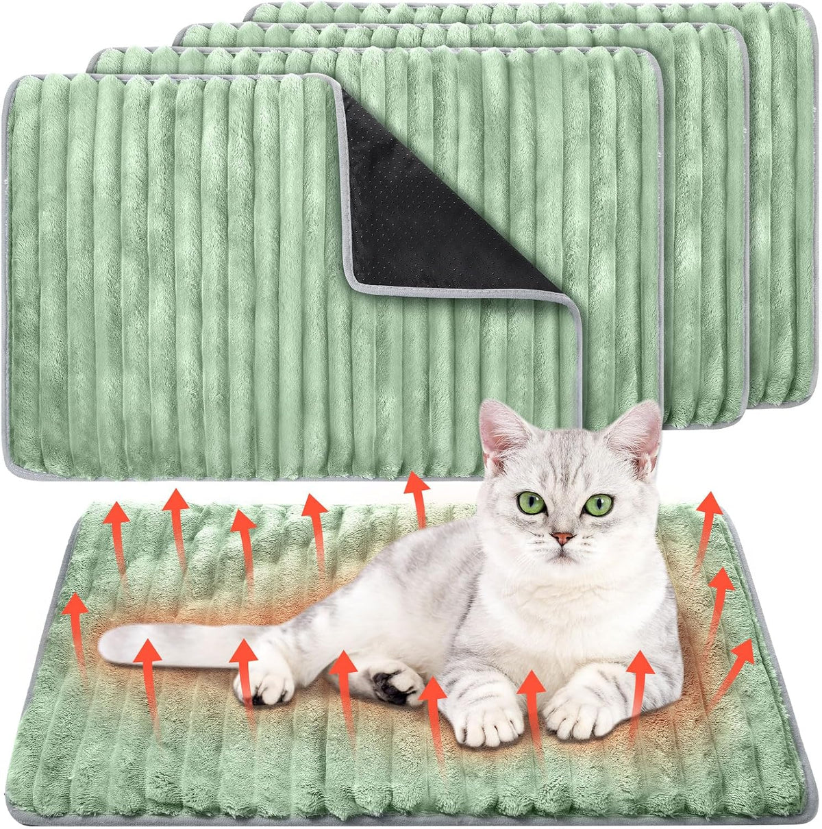 Nuanchu 4 Pack Self Warming Cat Bed 24 X18 Self Heating Dog Cat Pad Bulk Crate Mat Extra Warm Thermal Big Pet Pad for Indoor Outdoor Pets Houses with Removable Washable Cover Non Slip(Light Green)