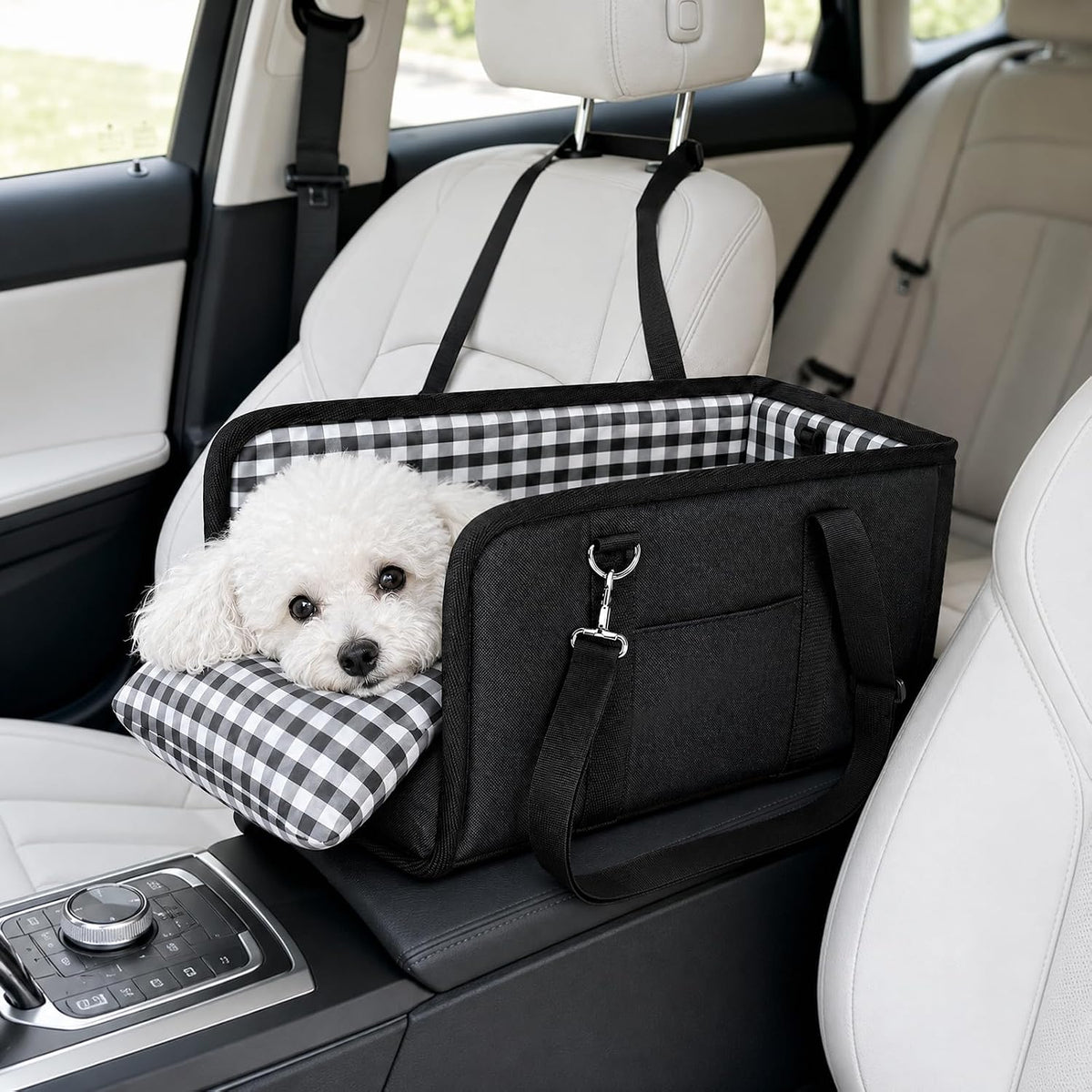 Portable Dog Car Armrest Booster Seat, Anti-Collapse Pet Console Car Seat with Soft Cushion & Safety Belt, Fits Small Dogs up to 11Lbs / 5Kg (Black)