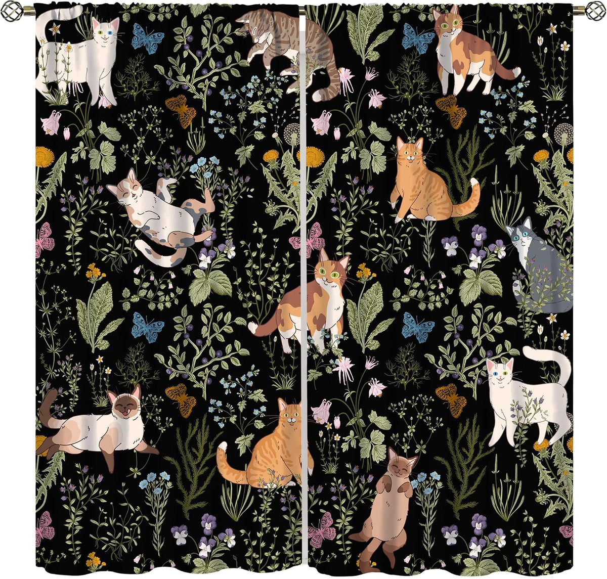 Cat Curtains, Watercolor Black Floral Plants Cute Lovely Cat Wildflowers Print Drapes for Bedroom Living Room Dinning Room Nursery Kitchen Window Treatment, 42X45 Inch