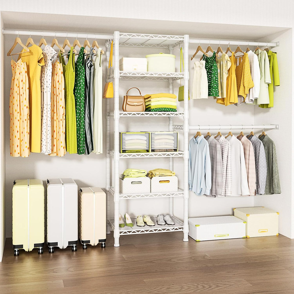 Ulif M5 Wall Mounted Clothes Garment Rack, Heavy Duty Closet Storage and Organizer with 6 Shelves and 3 Expandable Hanger Rods, Space Saver Suit (46.2-102.4)" W X 14" D X 83.1" H, White