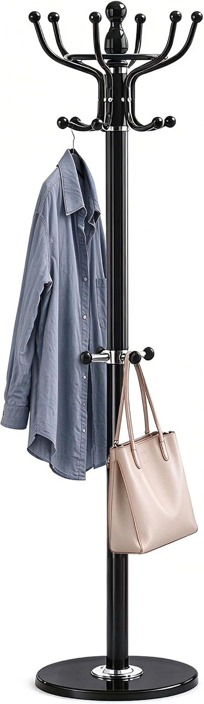 Kertnic Coat Rack Freestanding with 16 Hooks, 70-Inch Heavy Duty Metal Hall Tree with Natural Marble Base, Modern Entryway Coat Rack Stand for Clothes Hats Bags, Home Office Organizer (Black)