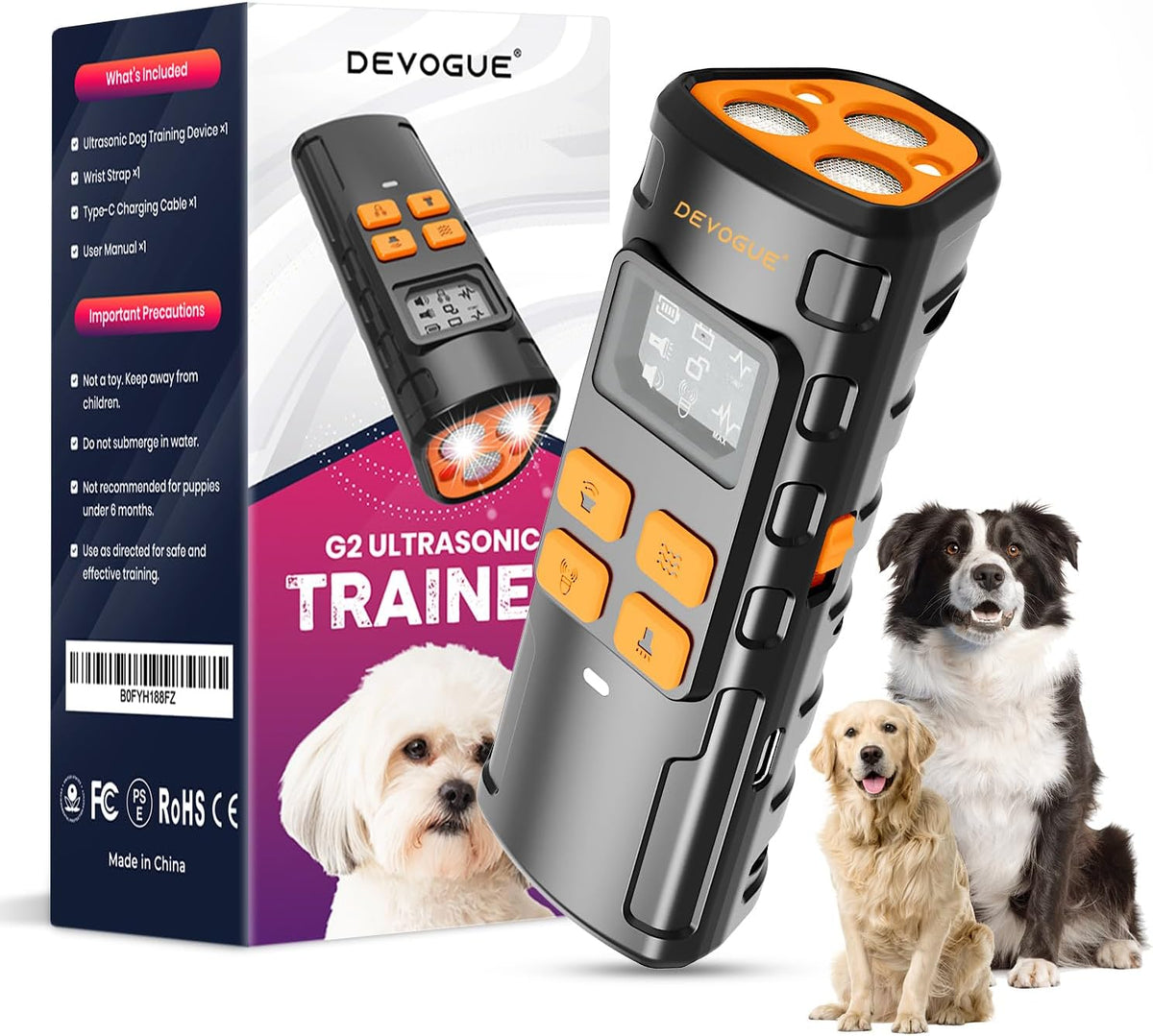 DEVOGUE® anti Barking Device for Dogs, Dog Deterrent Device, Ultrasonic Dog Bark Deterrent with 4 Training Modes, Rechargeable anti Bark & Bark Stopper Outdoor, 12–15M Range, 3-Head Design