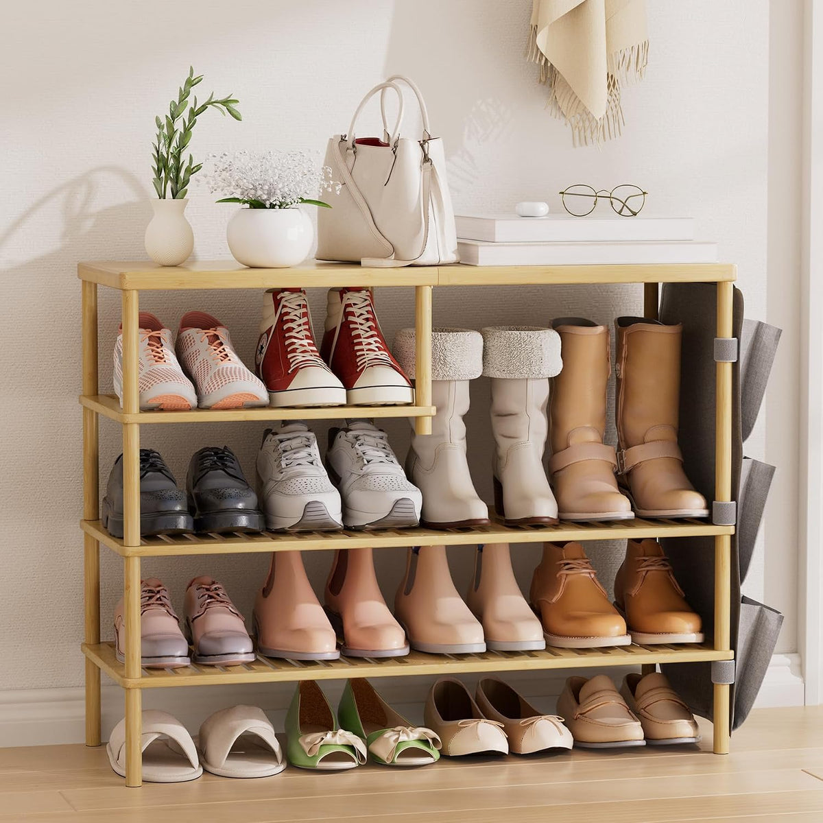Bamboo Shoe Rack, 4 Tiers Shoe Organizer for Closet, Shoes Storage for 20-24 Pairs, Freestanding Shoe Shelf with Removable Pocket for Entryway Bedroom Front Door Dorm