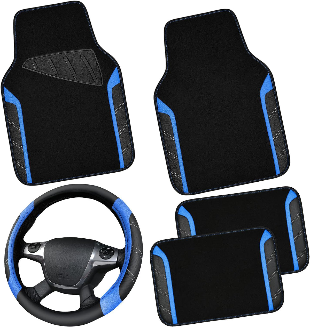 CAR PASS Leather Steering Wheel Cover and Waterproof Car Floor Mats,Microfiber Universal Car Combo Fit for 95% Sedan,Suv,Cars,14.5-15Inch Sporty Anti-Slip Safety Comfortable Design(Black&Blue)