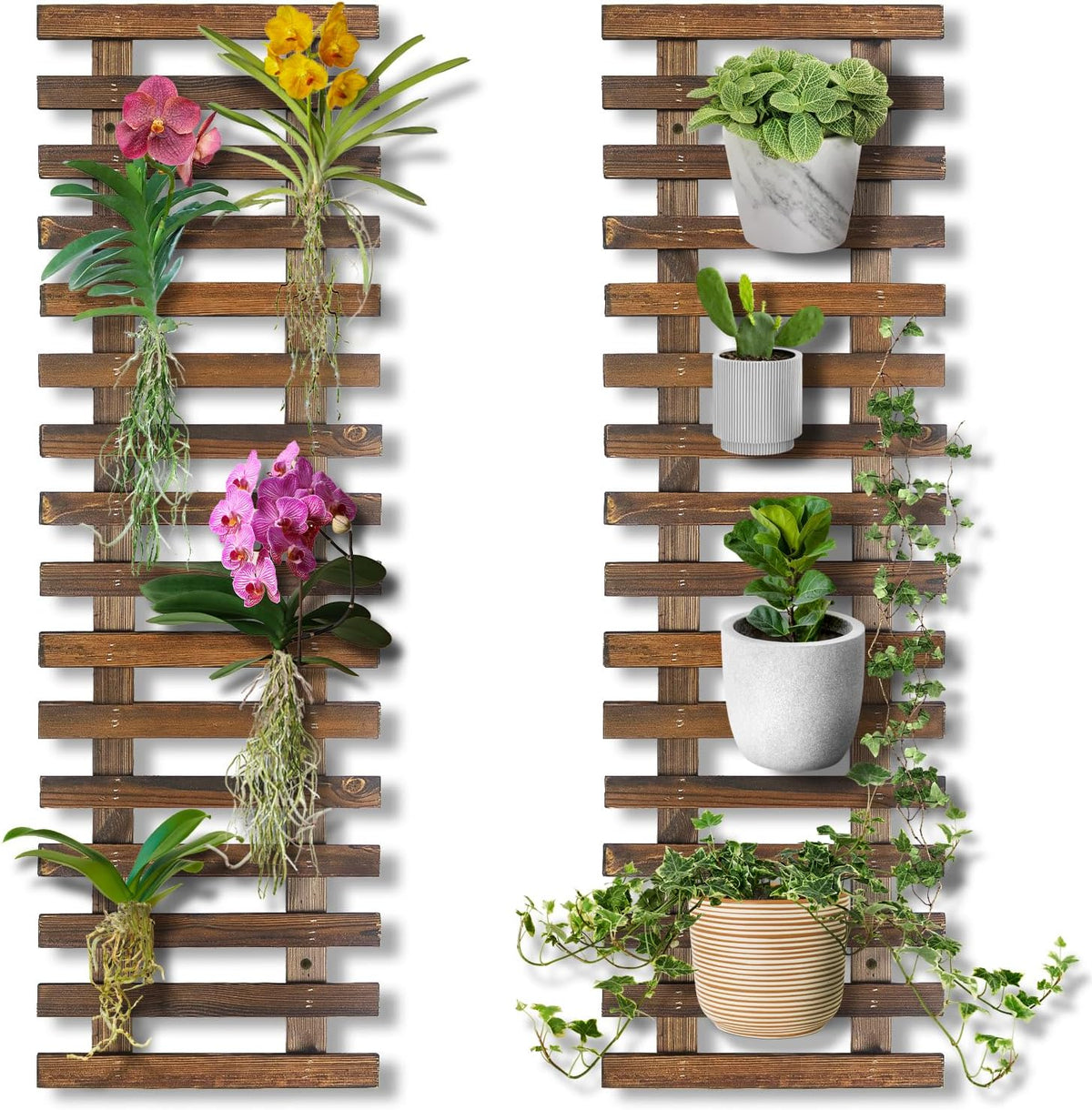 Mulctun 2 Pcs Wall Planters - 11.4"W X 35.43"H Wooden Wall Planters for Indoor Outdoor Plants,Hanging Wood Wall Trellis,Wall Mounted Plant Holder for Orchids,Succulent,Air Plants,Hanging Pots Display