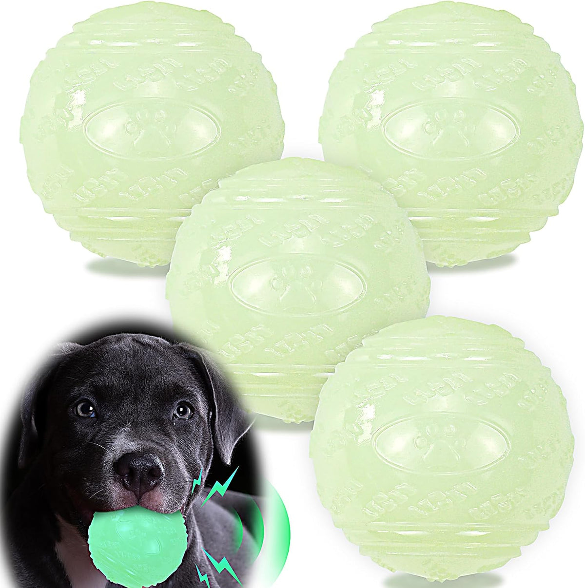 LECHONG 4-Pack 2.5” Glow in the Dark Squeaky Dog Balls, Durable Glowing Bouncy Rubber Fetch Toy Balls for Small Medium Puppy Dogs Nighttime Playing Indoors and Outdoors