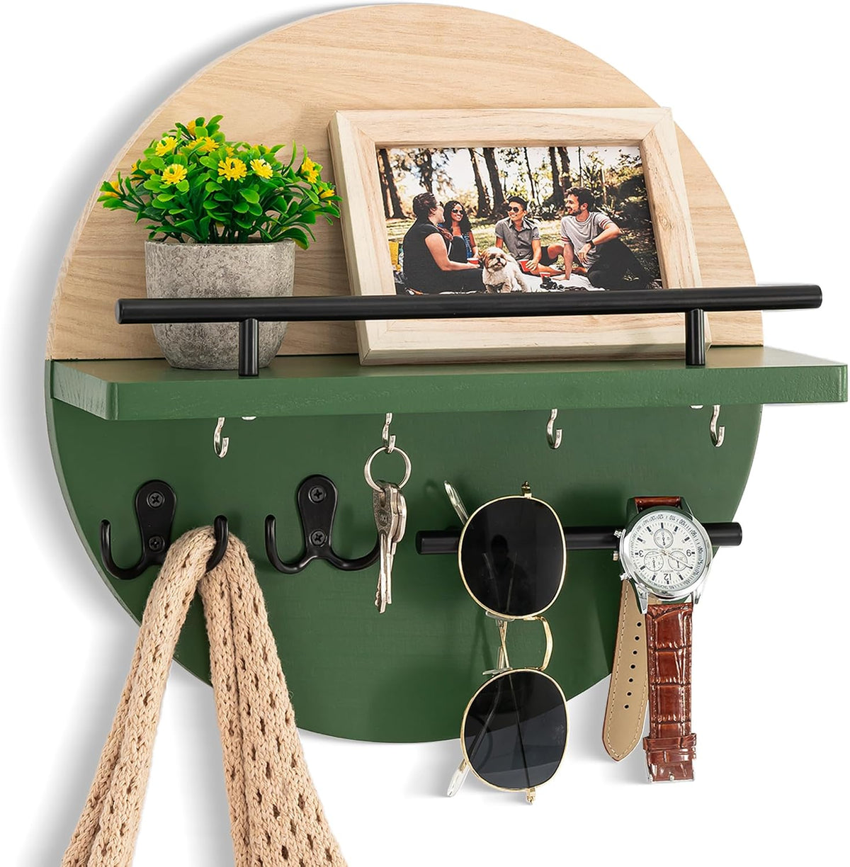 Key Holder Wall Mount with Shelf and Hooks, Mail Organizer for Wall, Green