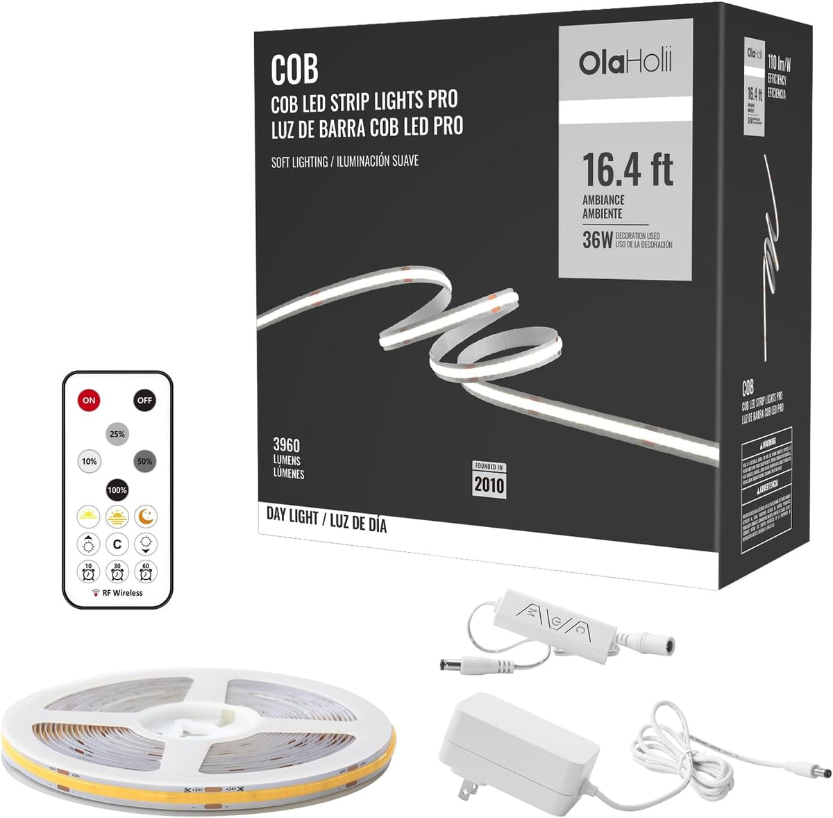 16.4Ft COB Led Strip Light with Remote, 6500K Ra93+ Dimmable Bright Daylight White Led COB Strip Light, White Led Strip Light for Mirror, Stair, Cabinet, Room