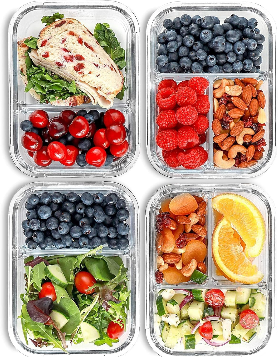 Glass Meal Prep Containers 2 and 3 Compartments, Leak-Proof, 32 Oz, 4 Pack