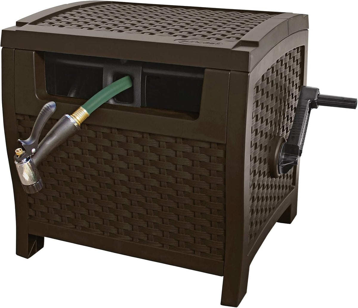 Suncast 175 Ft. Wicker Style Resin Hose Hideaway with Hose Guide, Java, Made in the USA
