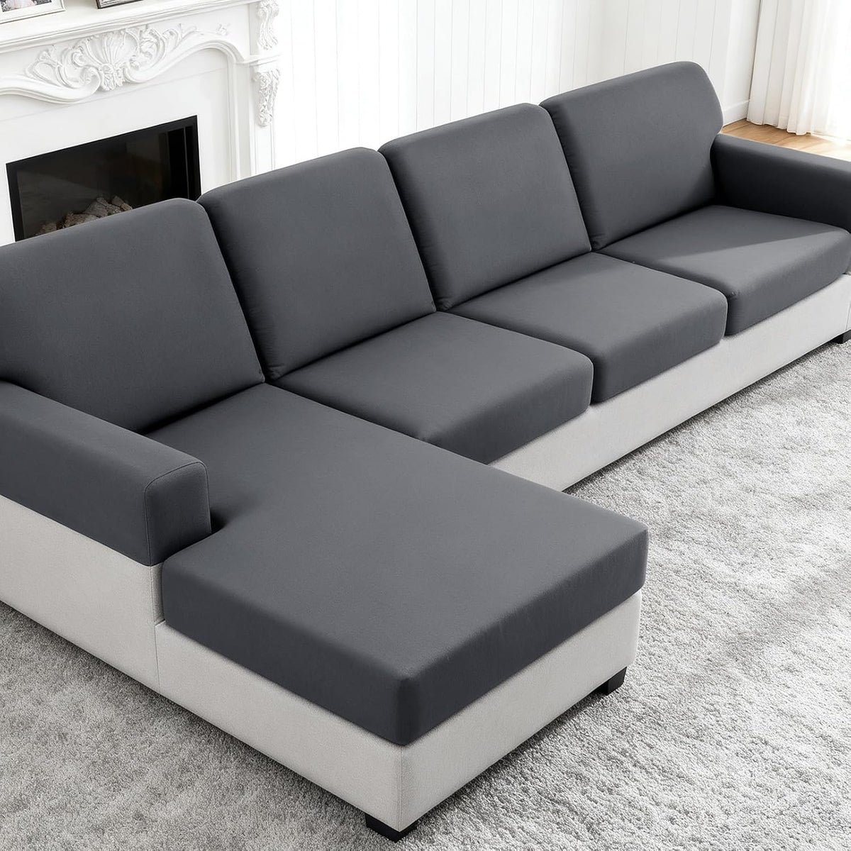 TAOCOCO Sectional Couch Covers Stretch Couch Cushion Covers for Sectional Sofa Chaise L Shape, 4 Pieces Sectional Seat Covers Soft Washable Furniture Protector(3 Seater + 1 Chaise, Dark Grey)