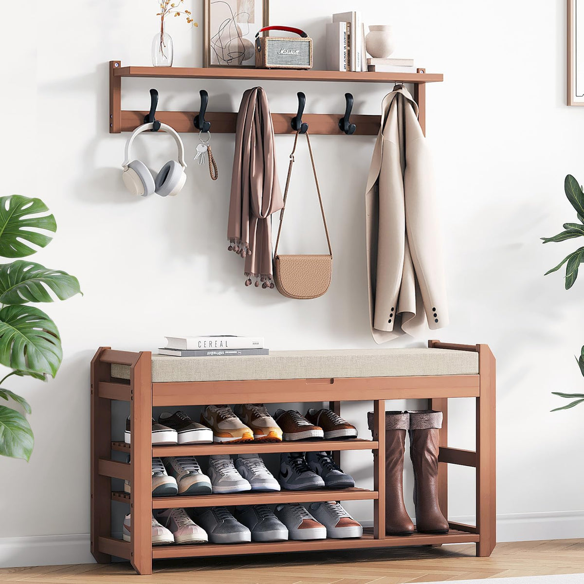 39.4" Shoe Rack Bench with Coat Rack, 3-Tier Entryway Storage Bench