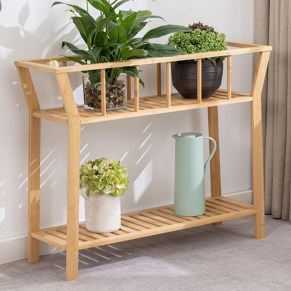 Nnewvante Bamboo Plant Stand Indoor 37.4"X11" 2 Tier Tall Organizer Shelf