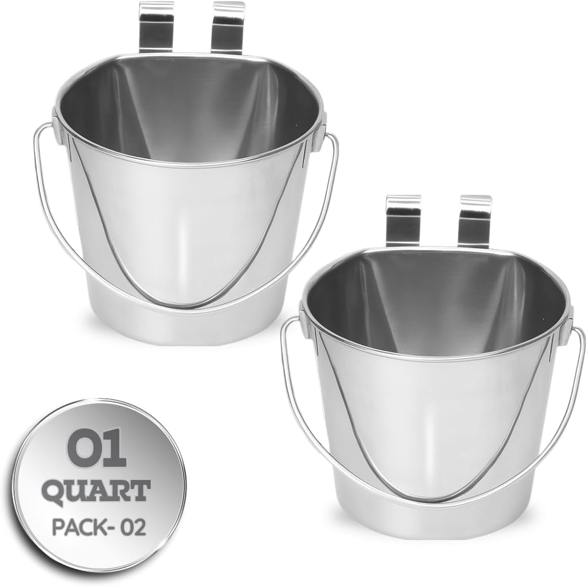 1 Quart Stainless Steel Flat Sided Bucket with Dual Hooks | 2 Pcs Durable Food & Water Bowl for Dog Cats Bird & Small Animals | Fits Kennel Cage Crates Hanging Pet Pail | Multipurpose Use