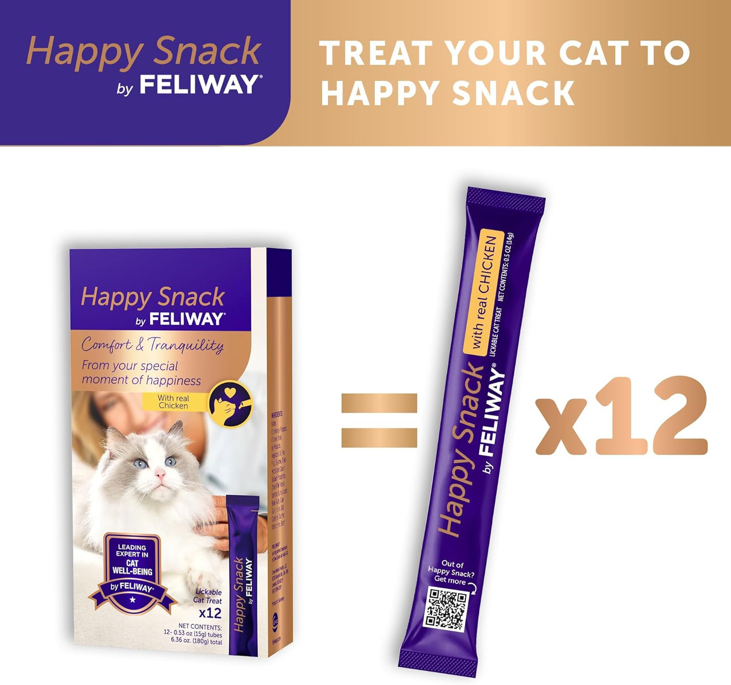 Happy Snack by FELIWAY®, Delicious, Lickable, Squeezable Purée Cat Treats for a Daily Calming Routine, Made with Real Chicken, 12 Pack (0.5Oz Tubes)
