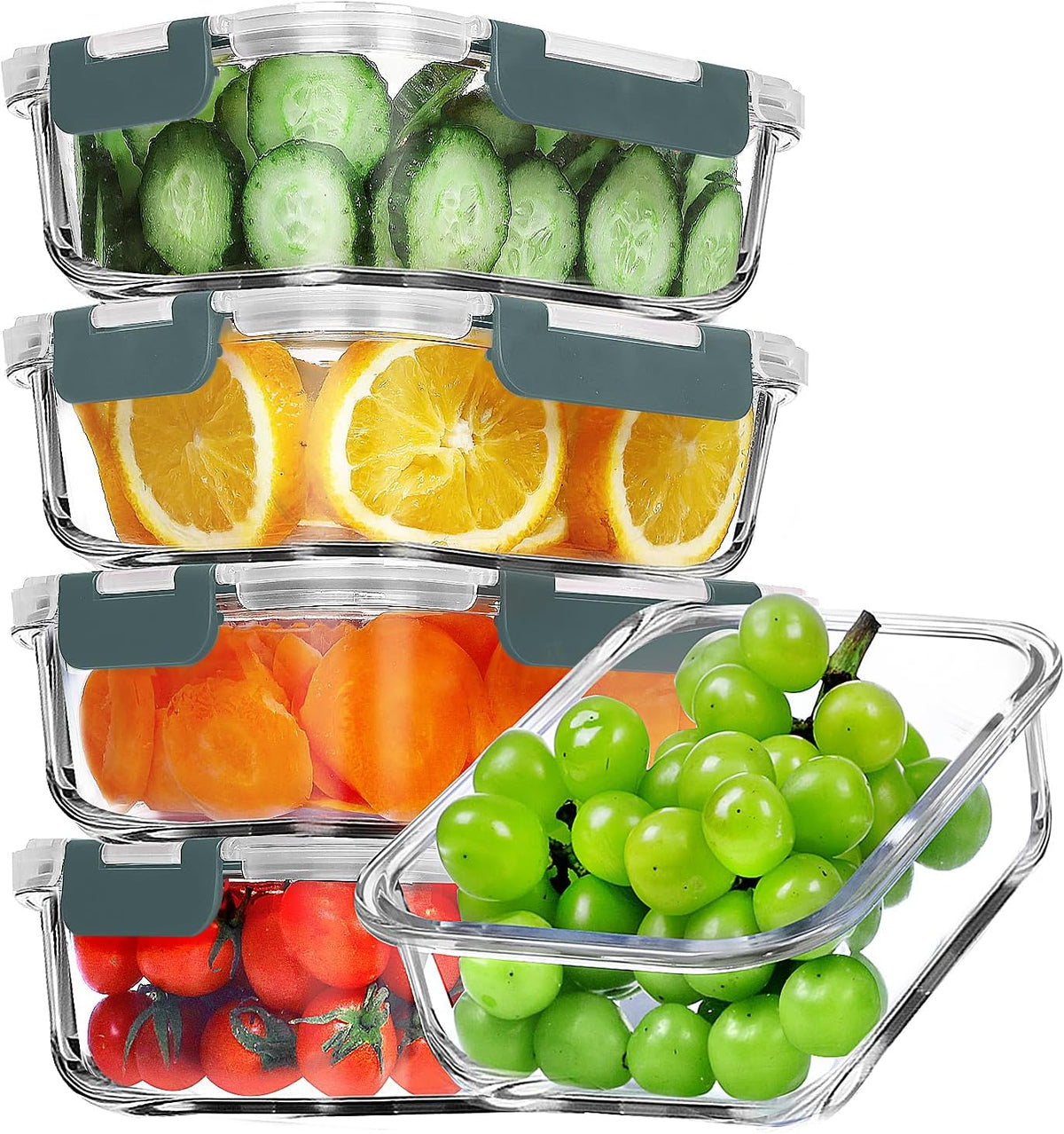 VERONES 5 PACK 36 OZ Glass Meal Prep Containers Set with Lids, Grey