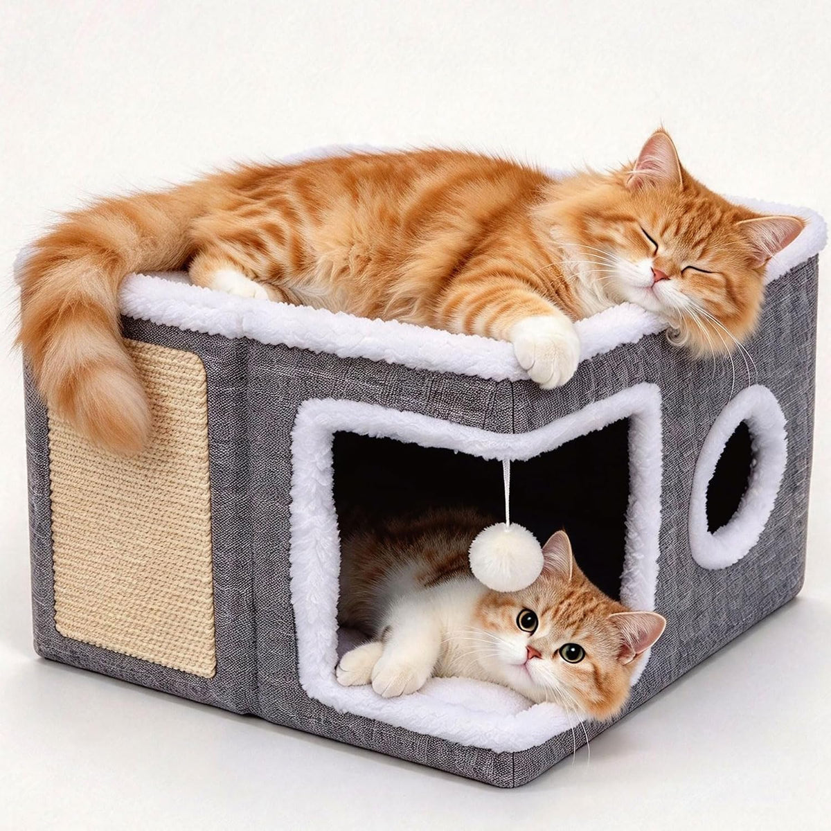 Foldable Cat Cave Bed for Indoor Cats, Cat Hideaway House with Hanging Fluffy Ball & Scratch Pad, Side with Toy Storage and Summer Cooling Mat, 16.14X16.14X12.2 Inches, Grey