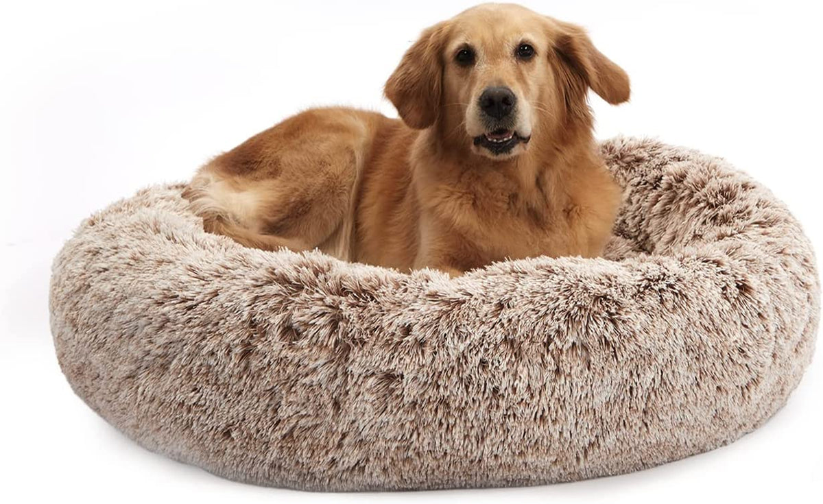 Bedfolks Calming Fluffy Donut Dog Bed for Large Dogs,Brown, 36" Round