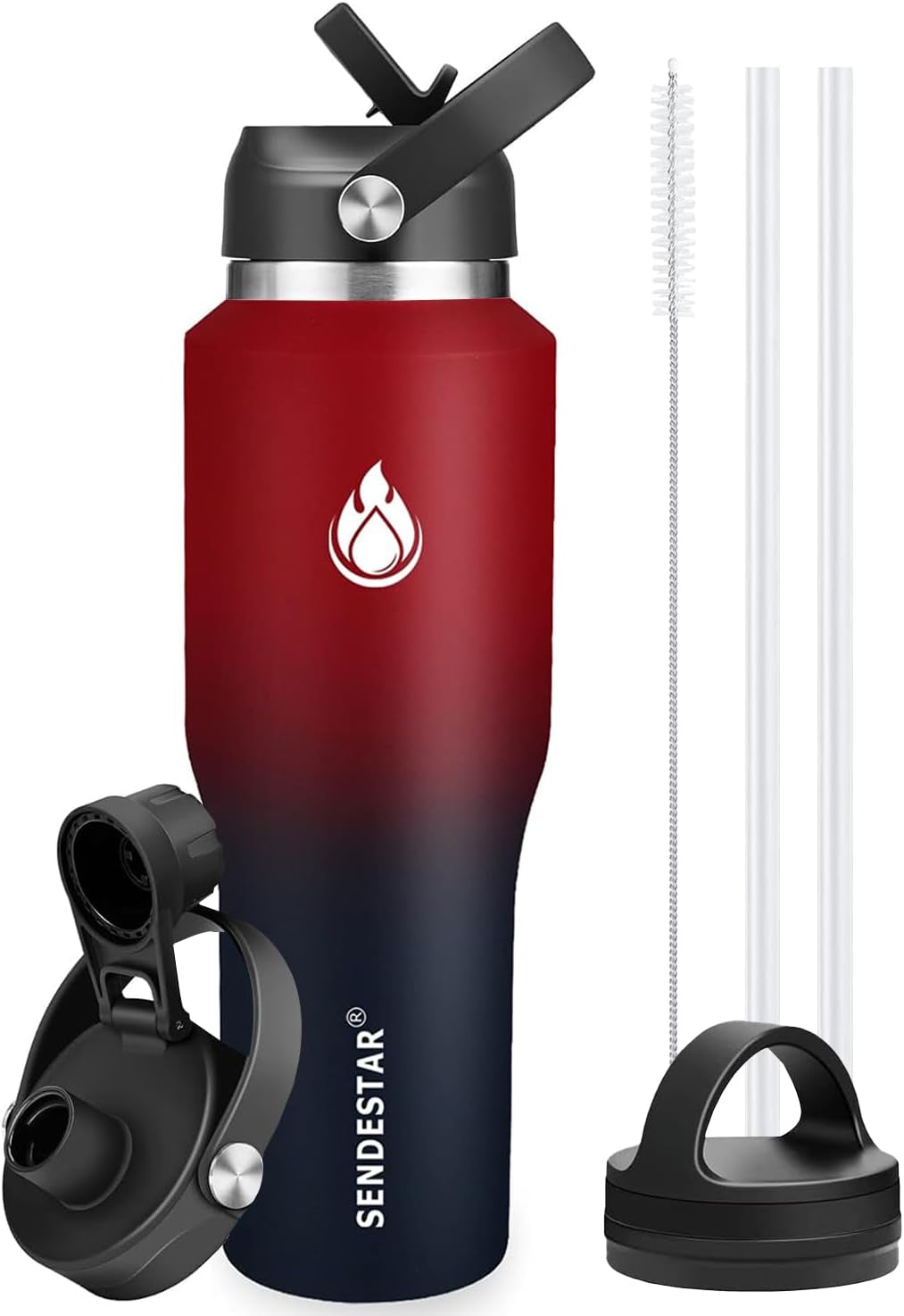 SENDESTAR 40Oz Water Bottle Wide Mouth Stainless Steel Vacuum Insulated Double Wall with 2 Straw Lids Fit in Any Car Cup Holder