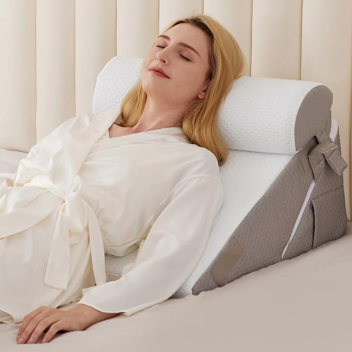BIEEZZK Wedge Pillow Set for after Surgery, Orthopedic Wedge Pillow for Acid Reflux Relief with Adjustable 9&12Inch for Bed Headboard,Sleeping, Memory Foam for Neck&Back Support, White/Grey