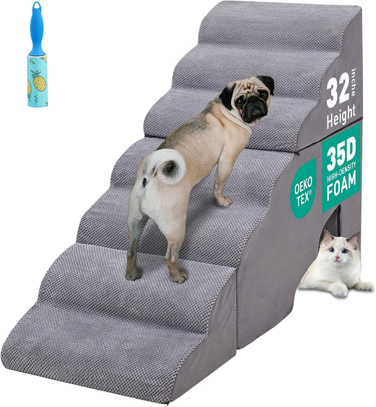 7-Step 35D Foam Dog Stair for High Beds 32 Inches Tall, Grey