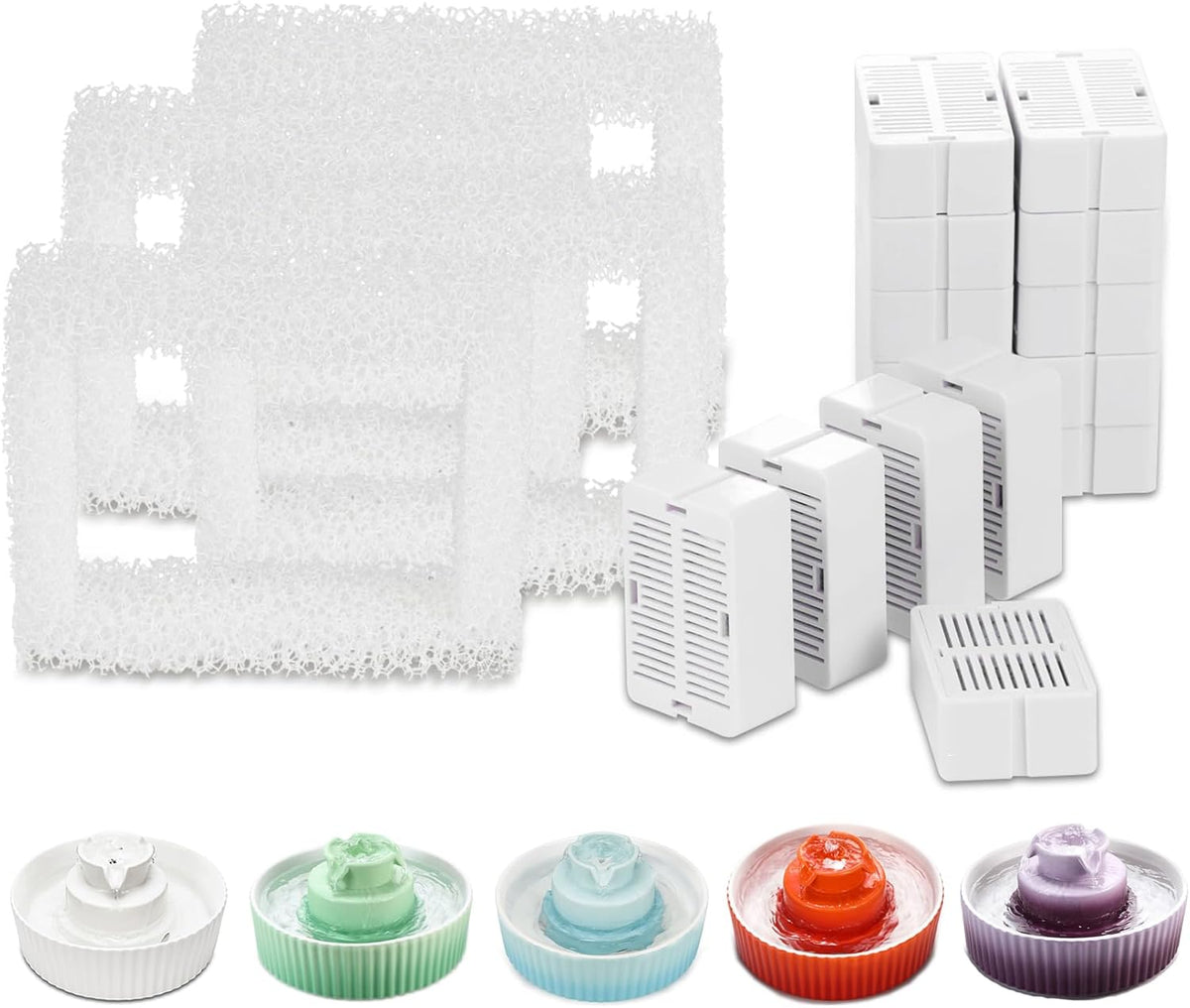 Ceramic Cat Water Fountain Filter Replacement, 16 Carbon Filters + 4 Sponges