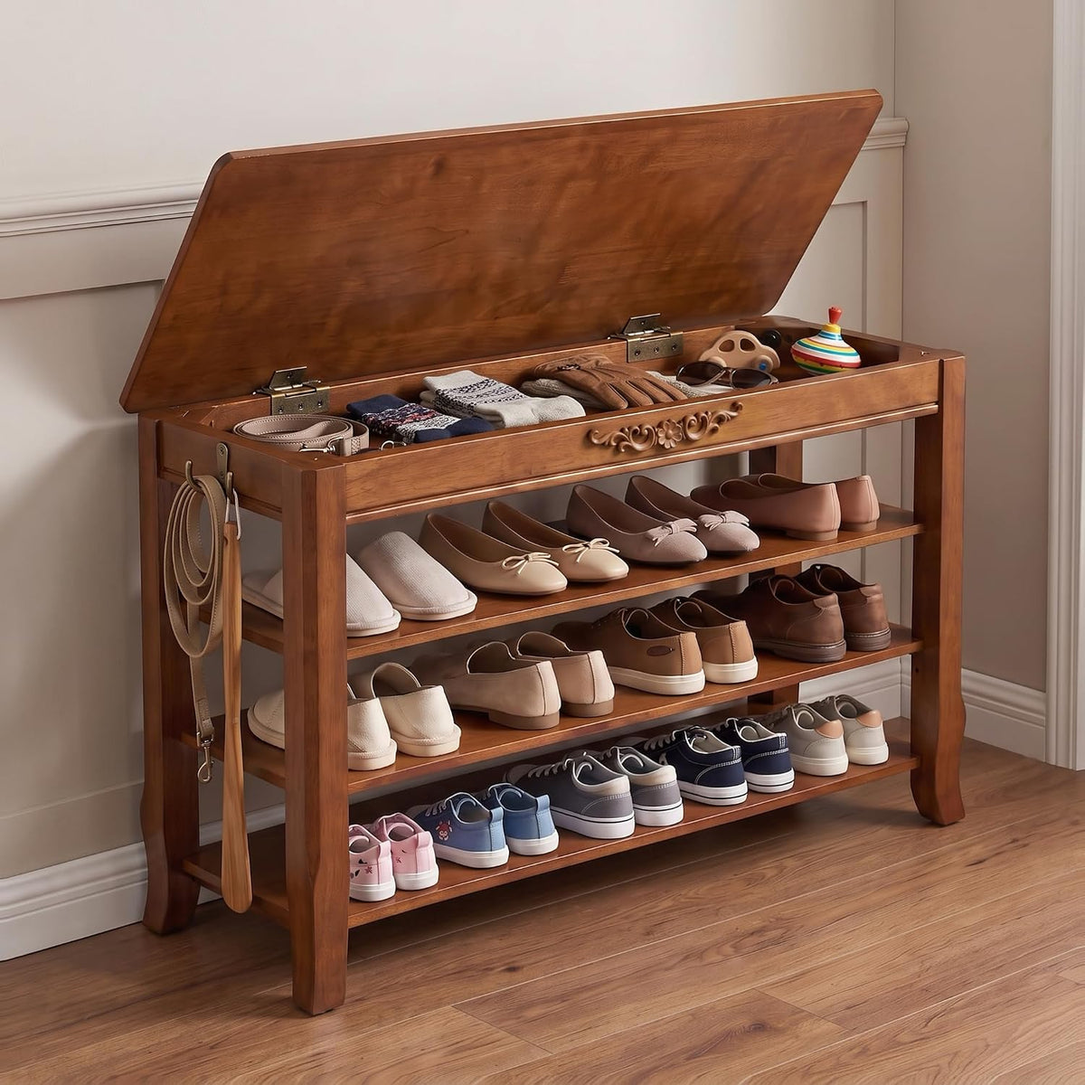 Shoe Rack Bench with Storage 3 Tier Solid Wood Entryway Shoe Rack 39.4"