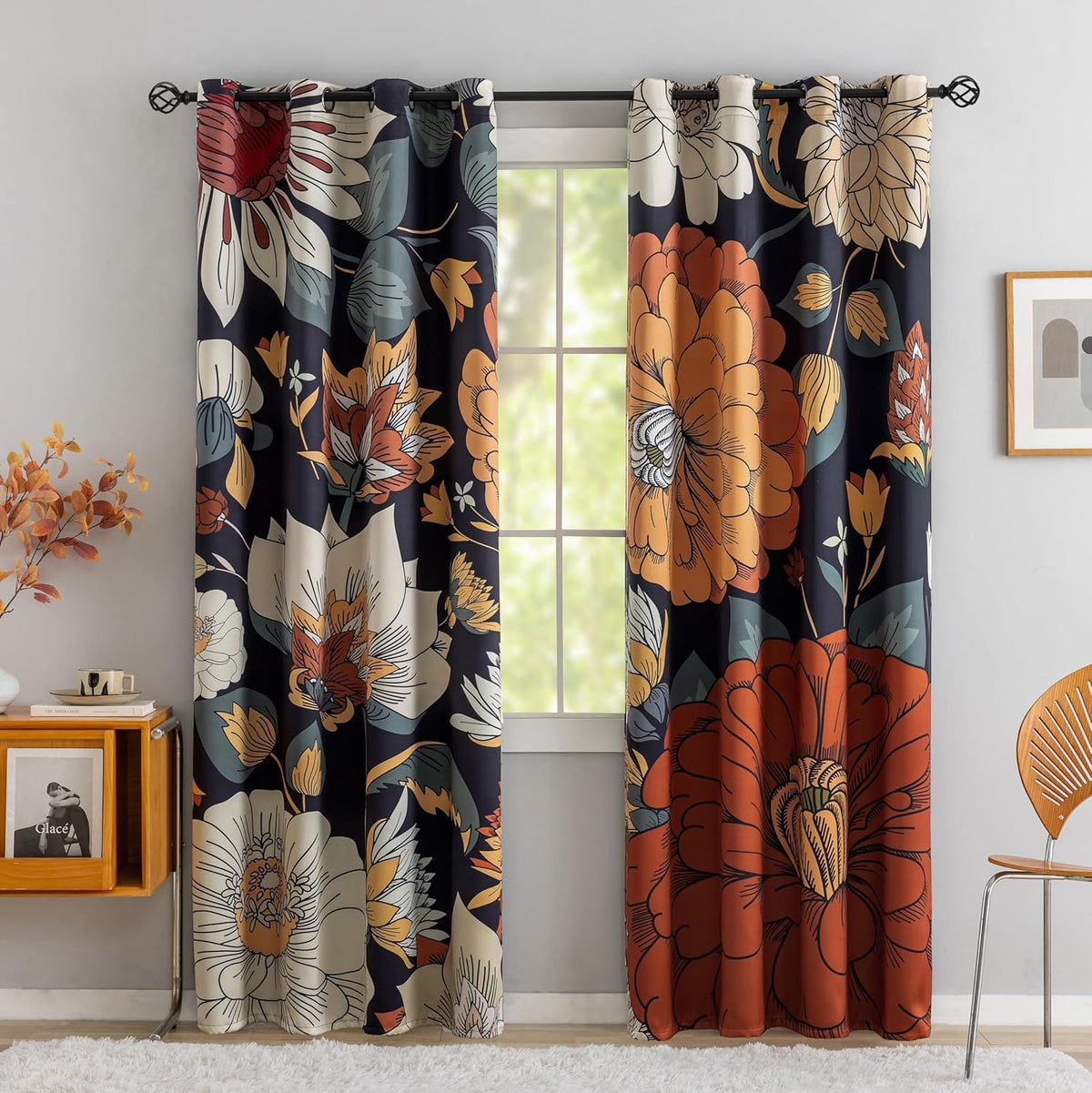 Tyrot Black Boho Floral Grommet Blackout Curtains, 52W X 84L, 2 Panels