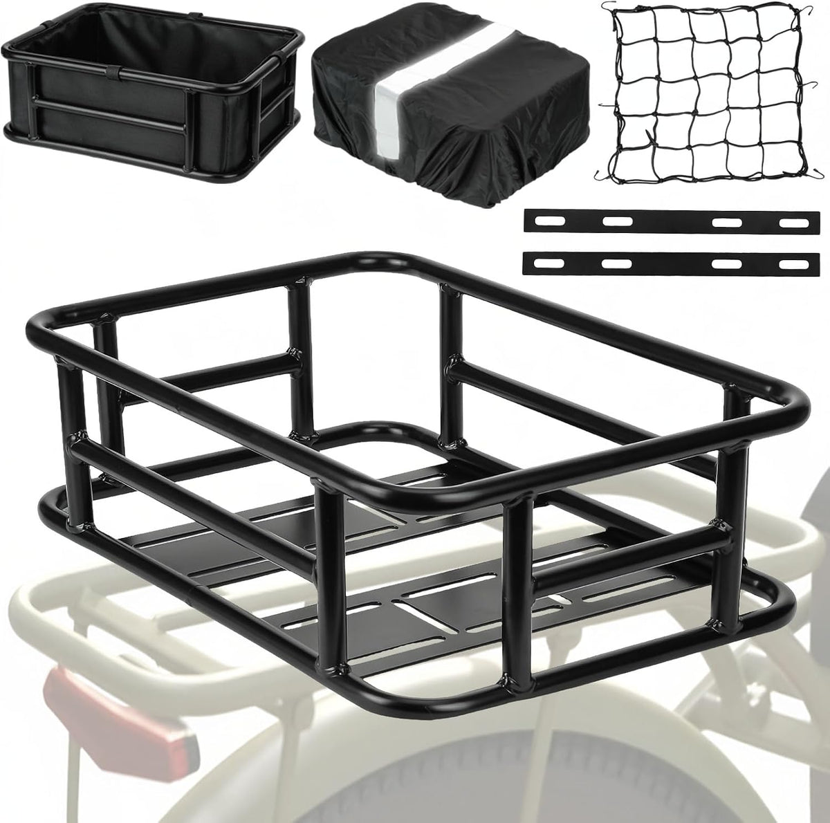 Bike Basket Rear - Large Capacity Heavy Duty Bicycle Basket with Liner,Cargo Net,Waterproof Cover - Ebike Accessories for Adult Bikes,Electric Bike,Carrying Grocery,Ball,Dog