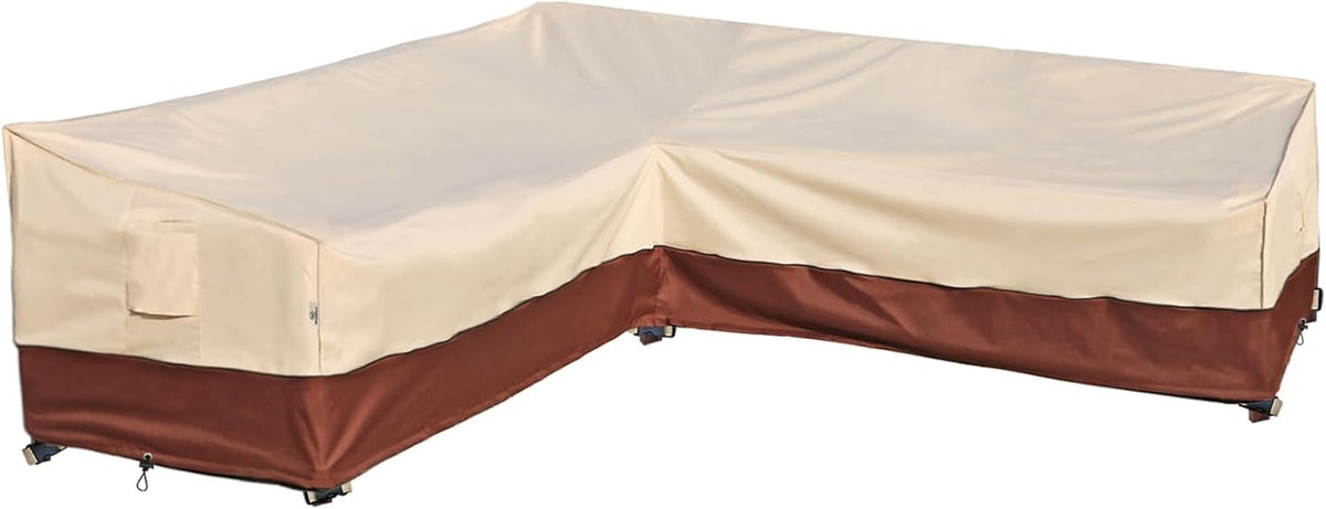 Outdoor Sectional Cover V-Shaped Garden Patio Furniture Covers Waterproof Rip-Stop Anti-Uv 600D Outdoor Couch Sofa Cover with 3 Air Vents, 85"(85''L) X 33.5''D X 31''H, Beige & Reddish Brown