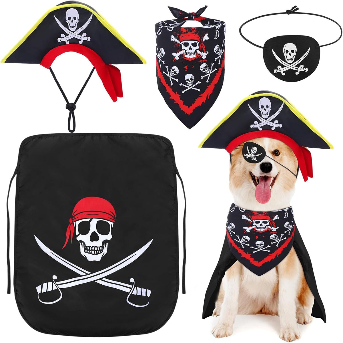 Huhumy 4 Pcs Dog Pirate Costume Hat Cape Bandana, Black, Medium