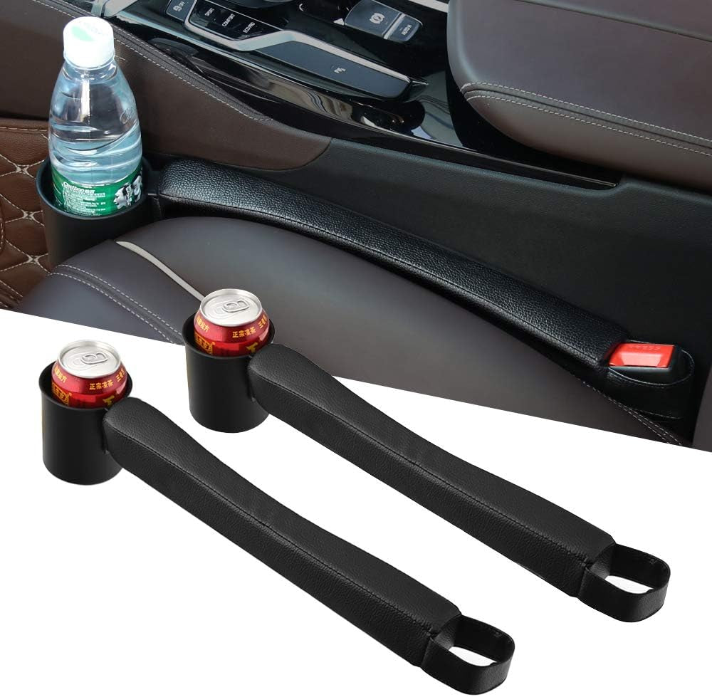 2 Prices Car Seat Gap Filler Pad PU Leather Console Side Pocket Organizer and One Cup for Cellphone Wallet Coin Key (Black)