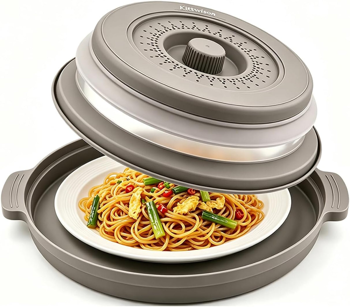 10.6" Microwave Splatter Cover with Anti-Scald Base Tray, Collapsible Food Cover for Plates & Bowls, Bpa-Free Silicone Guard Lid with Vented Holes, Dishwasher Safe Kitchen Essential Gadgets