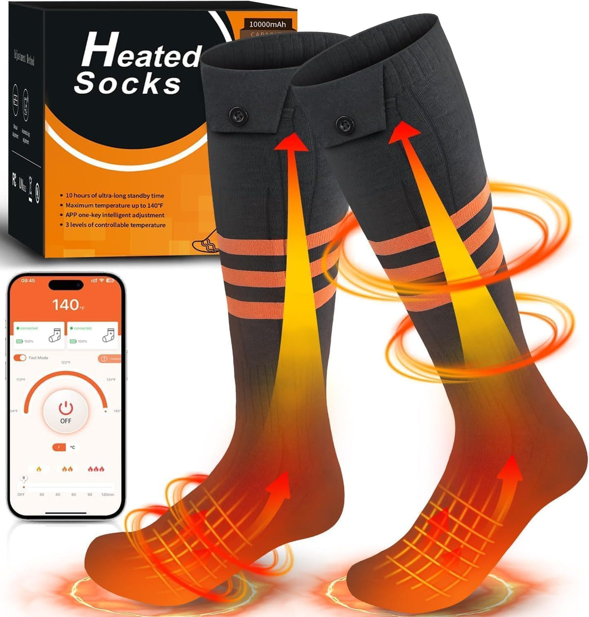 Heated Socks for Men Women with APP Control, 10000Mah Total Upgraded Rechargeable Electric Socks up to 10 Hours, Washable Winter Foot Warmer Socks for Outdoor Camping Skiing Hunting Hiking