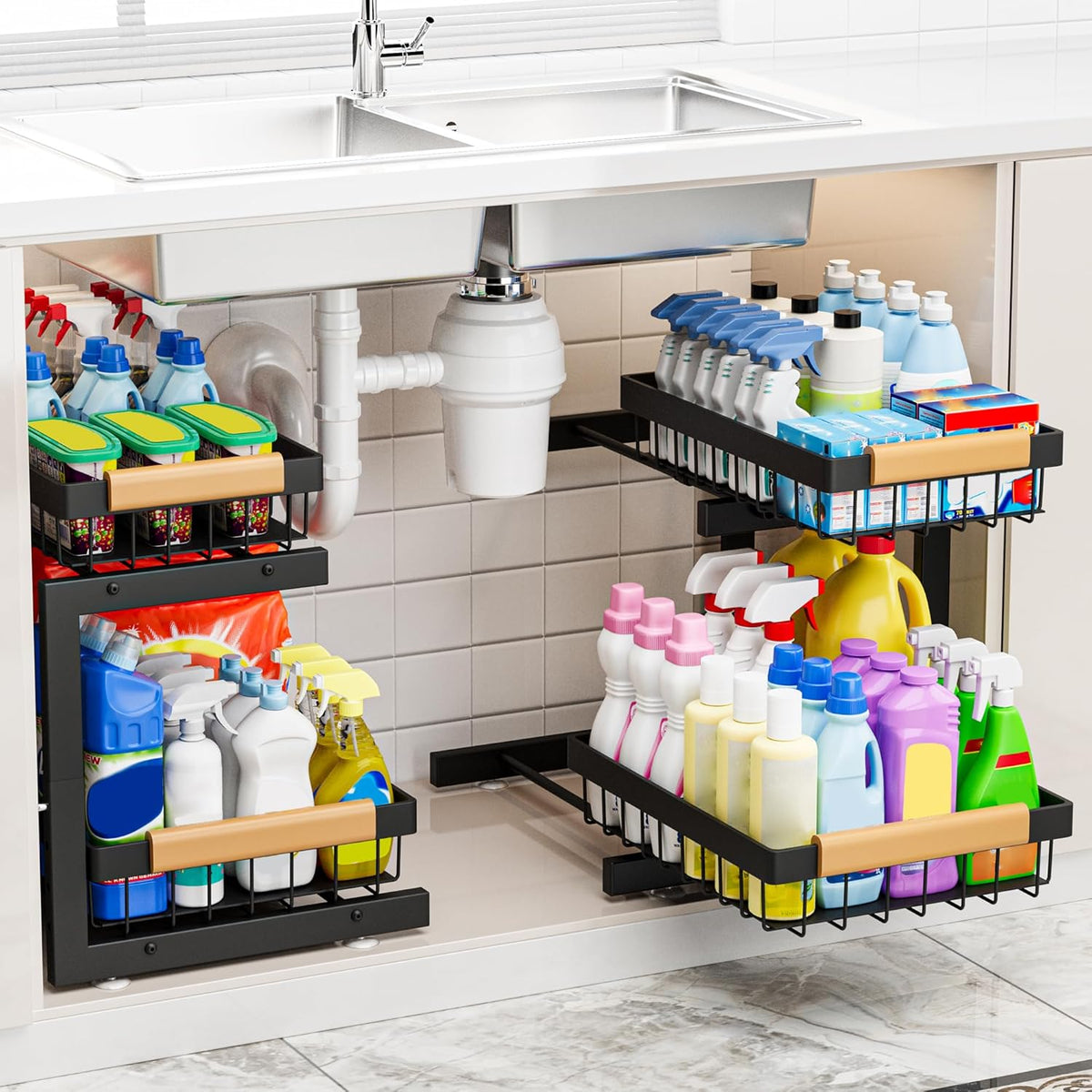 ADBIU 2-Tier Pull-Out under Sink Organizer, 2-Pack, X-Large, Black