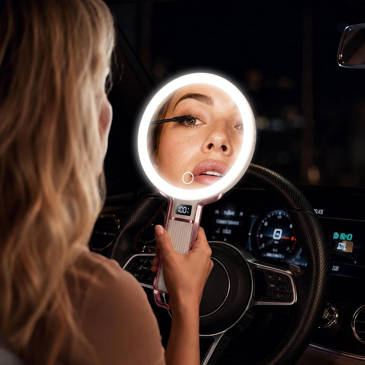 MIYADIVA Travel Makeup Mirror with Lights, Height Adjustable 30X/1X Double-Sided Magnifying Mirror, Portable Vanity Mirror with Digital Display & Phone Holder, Handheld Tabletop Hanging, Rose Gold