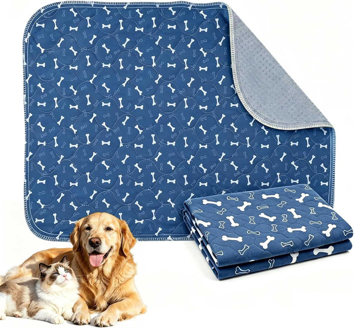 Puppy Pee Pads with Pheromones,Washable and Reusable Pee Pads for Dogs,Waterproof and Leak-Proof,Non-Slip Base Training Pads Suitable for Home,Travel and Dog Crates(Blue Bone,L:35.4*31.5In)
