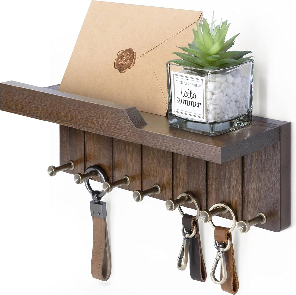 Rebee Vision Key Holder Wall Mount with Shelf for Room Decor, Rustic Brown