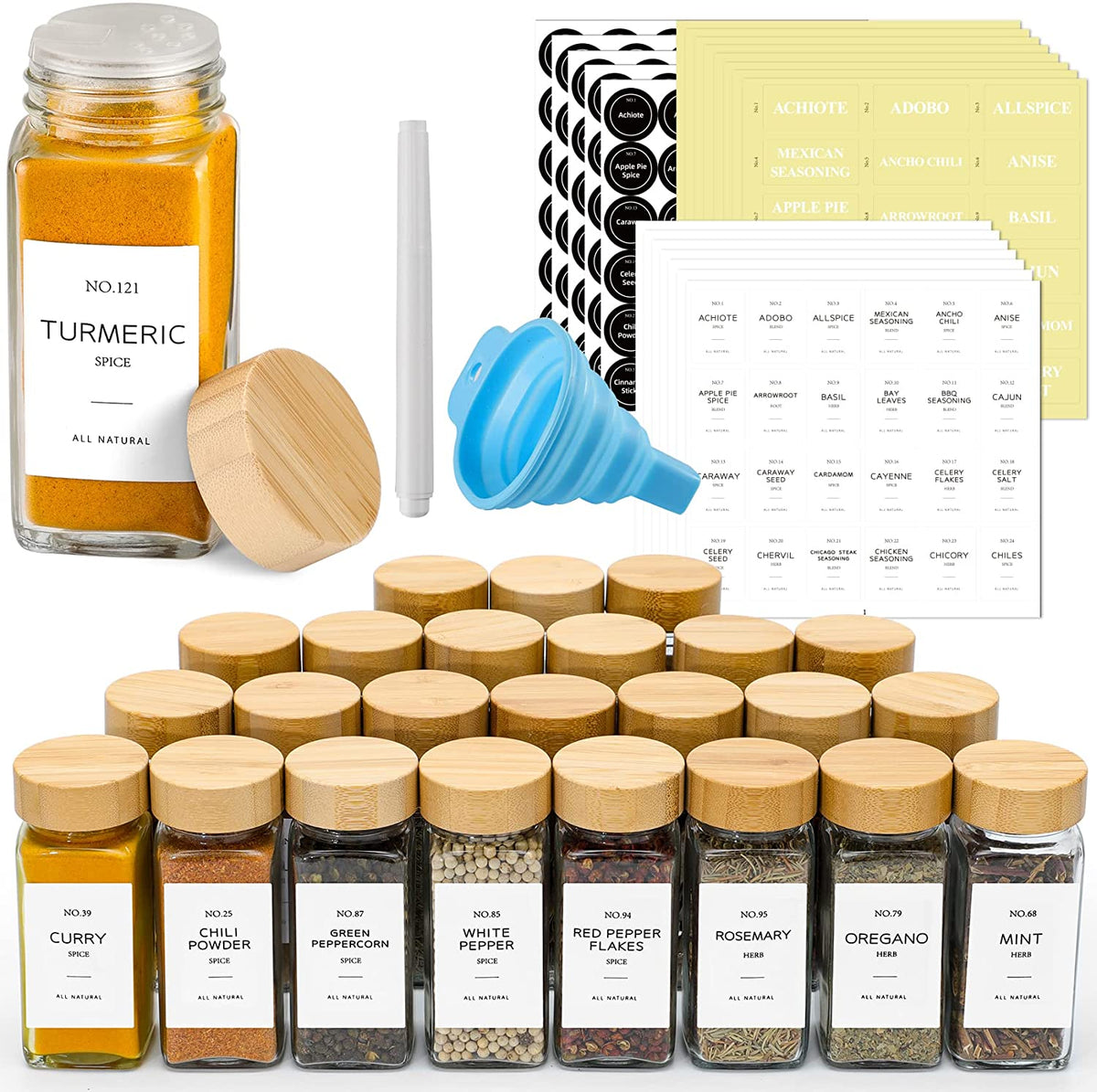 NETANY 24 Pcs Glass Spice Jars with Bamboo Lids, 4 Oz Glass Jars with Minimalist Farmhouse Spice Labels Stickers, Collapsible Funnel, Seasoning Storage Bottles for Spice Rack, Cabinet, Drawer