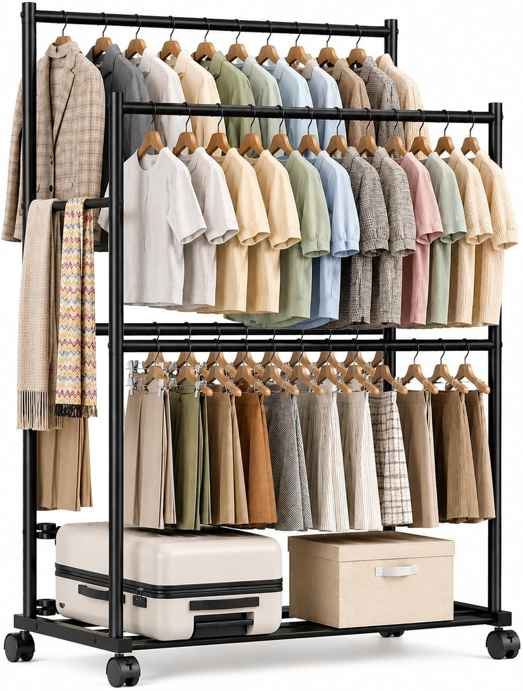 Clothes Rack - 36.2" X 21.3" X 72", 4-Bar Double Rod Rolling Metal Clothing Rack for Hanging Clothes, Portable Garment Rack with Wheels for Bedroom Laundry, Closet Wardrobe, Black