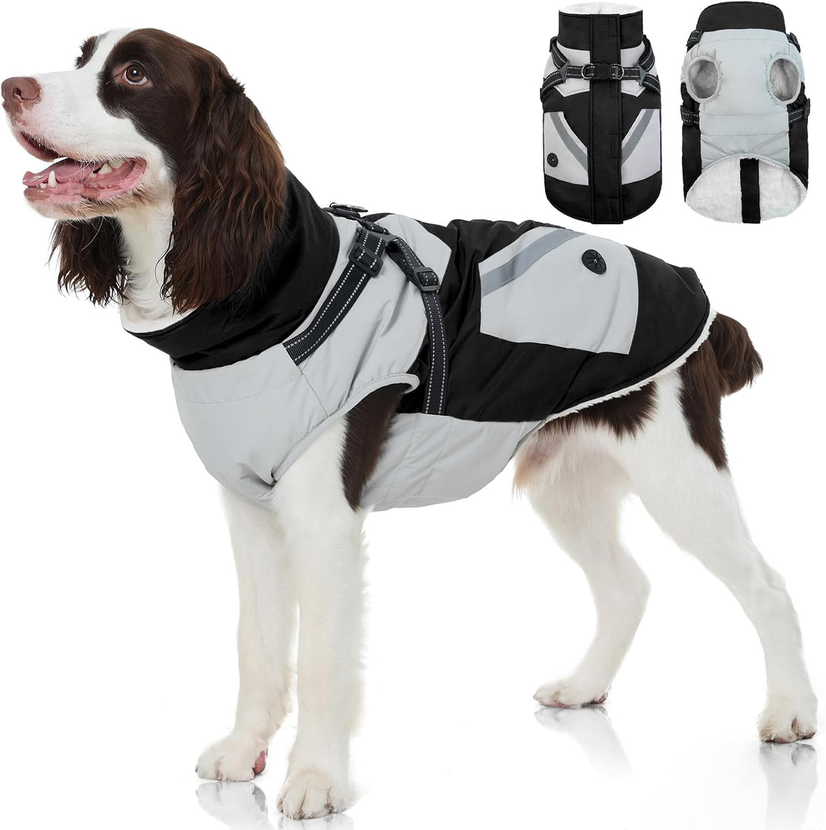 Dog Winter Jackets for Large Dogs,Dog Coat with Harness Built In,Waterproof Dogs Snowsuits Warm Pet Jacket Zip up Fleece Cold Weather Coats Reflective Puppy Vest with Pocket Black XL