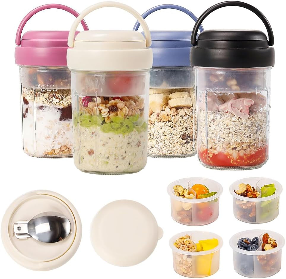 UWILLION 4 Pack Overnight Oats Containers with Handles, 16 Oz Glass Mason Jars with Lids, Folding Spoons & Topping Compartments, Yogurt Parfait Cups for Weekly Meal Prep, Chia Pudding & Snacks