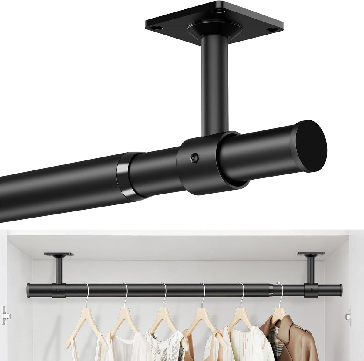 Ceiling Mounted Closet Rods for Hanging Clothes 17-84 Inch, Black