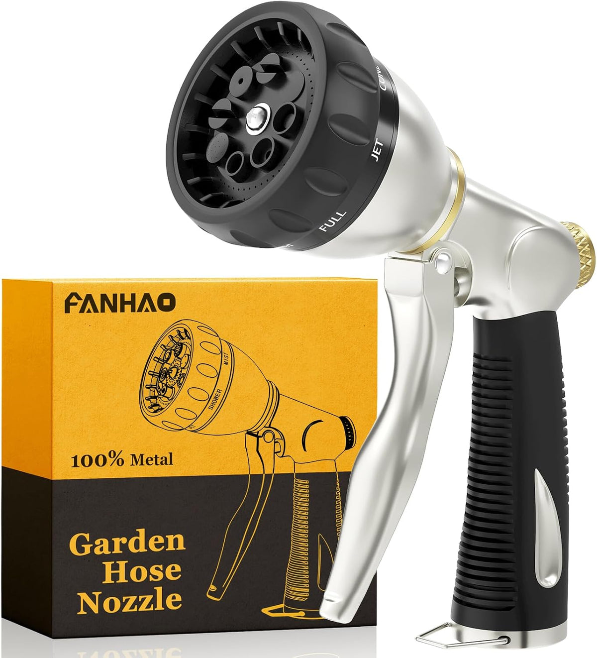 FANHAO Metal Garden Hose Nozzle Heavy Duty, 8 Spray Patterns, High Pressure