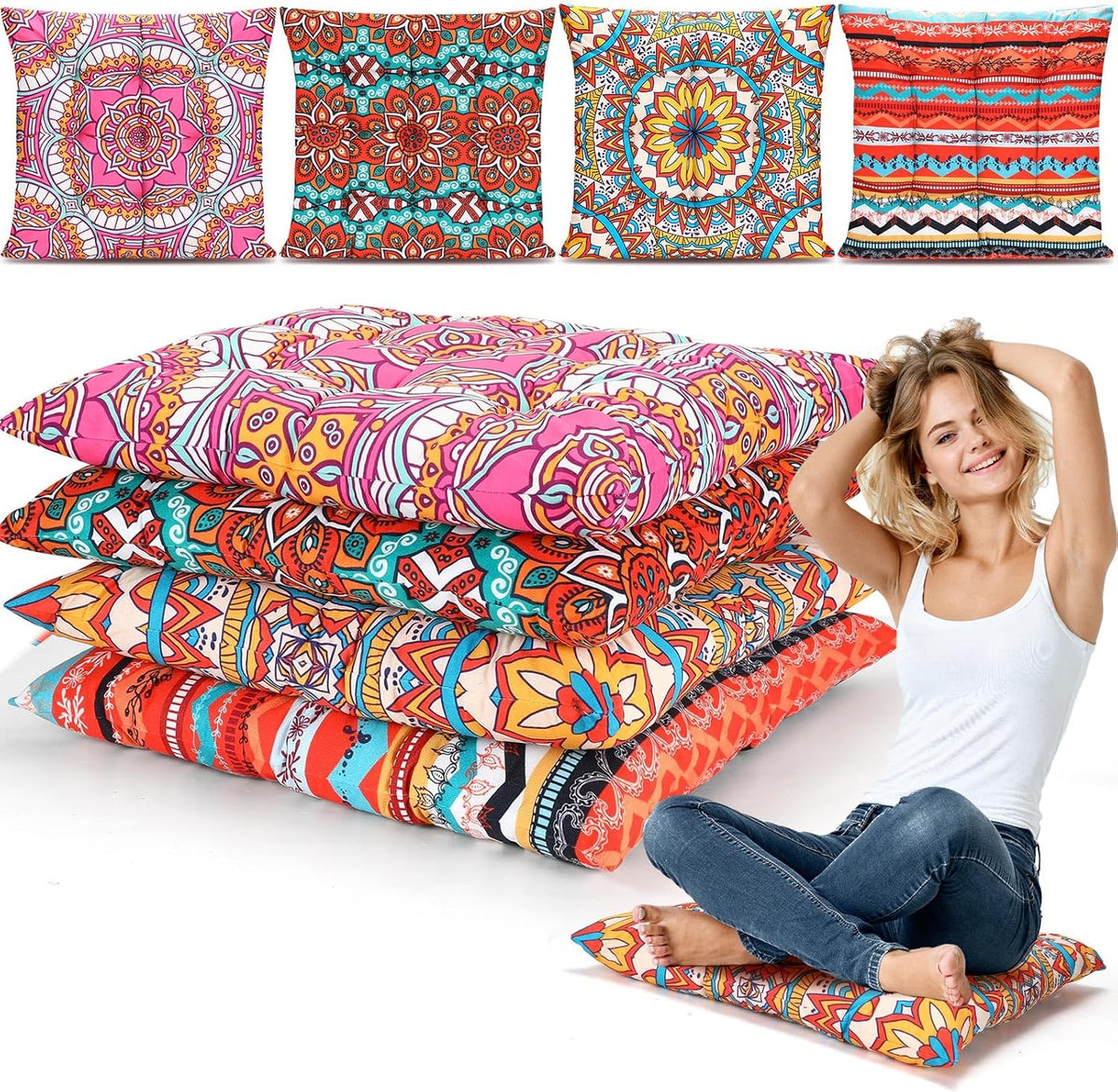 Nuogo 4 Pack 22 Inch Large Boho Floor Pillows Cushions Square