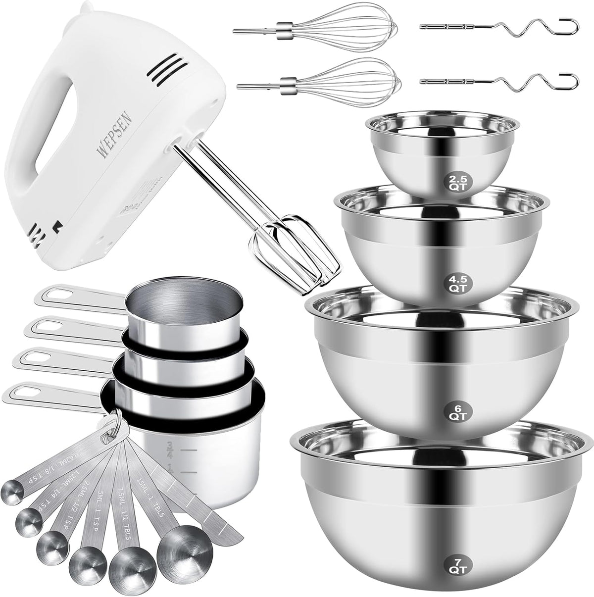 WEPSEN Hand Mixer Electric Mixing Bowls Set, 5 Speeds Handheld Mixer with 4 Nesting Stainless Steel Mixing Bowl, Measuring Cups Spoons 200W Kitchen Blender Whisk Beater Baking Supplies for Beginner
