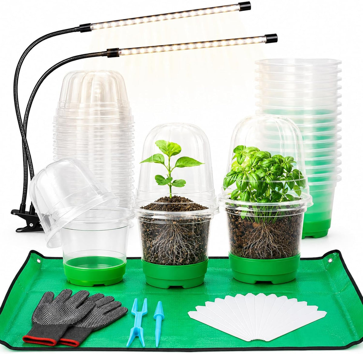 59Pcs Clear Nursery Pots Kits with Grow Light Includes 22 Pack 4'' Seed Starter Pots with Silicone Base & Lids, Clear Plant Pots for Propagation, Seedling Pots Kit with Drainage, Labels, Repotting Mat