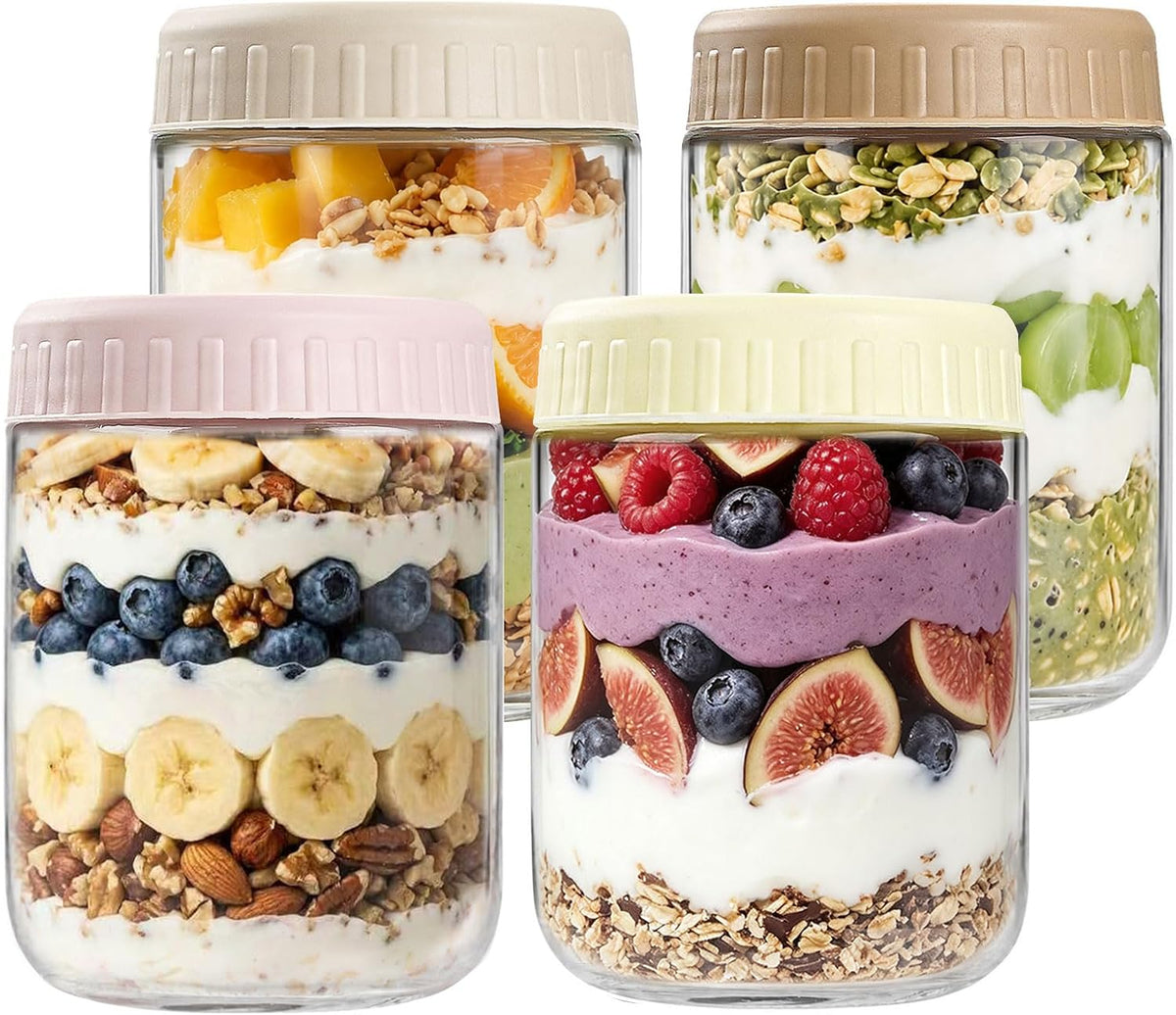 SHOWIN Overnight Oats Containers with Lids, 16Oz Glass Jars with Lids 4 Pcs, Wide Mouth Mason Jars for Salad, Yogurt, Snacks, Meal Prep